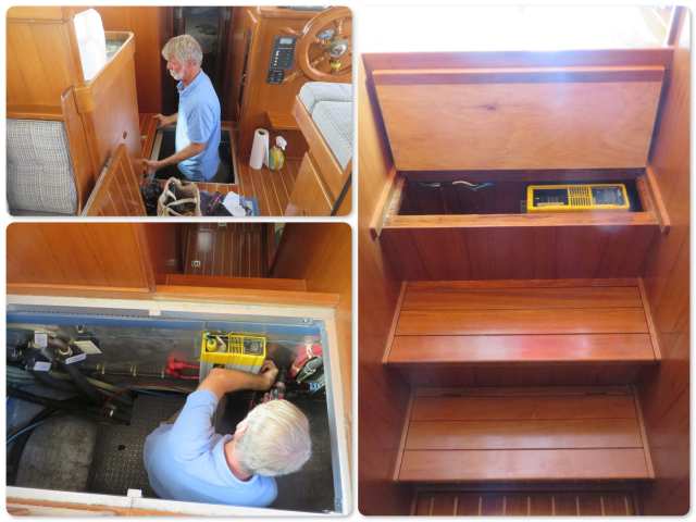 The inverter was located under the floor - VERY heavy to lift when you want to turn it on. Didn't make much sense, to say the least. AL moved it to inside the steps down to the cabin. Just lift the top up and flip the switch!