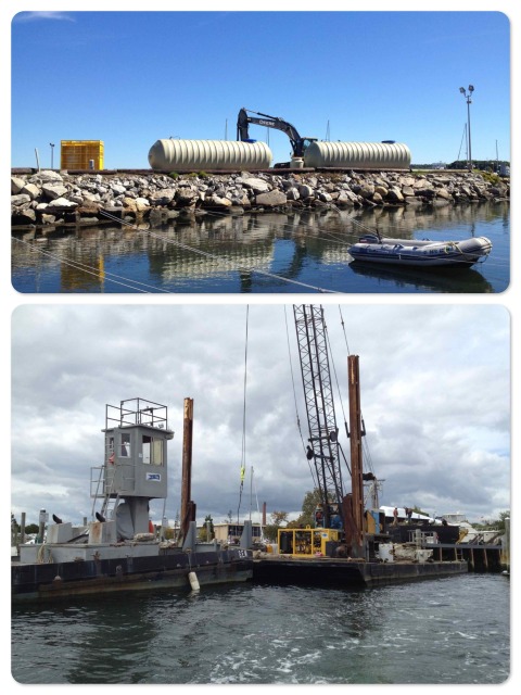 ~ The new fuel tanks before they are placed underground. ~ The crane and barge are ready to do the heavy lifting.