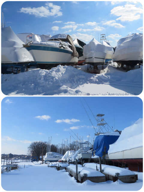 This is what boating in New England looks like - wrapped and buried in snow "on the hard."