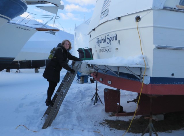 I don't usually "visit" the boat during the winter, but I wanted to check some measurements. I can't believe Al does this on a regular basis!! It's cold!!