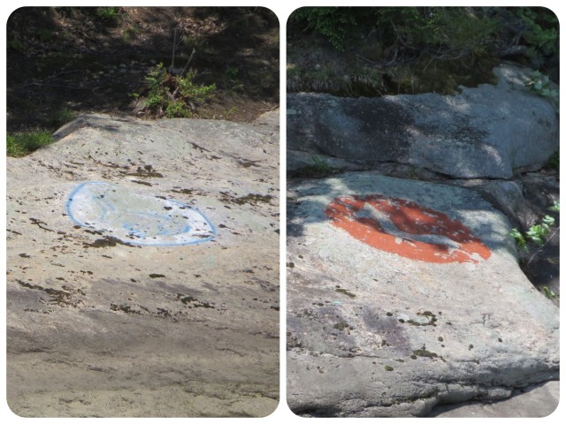 I photographed and commented on these rock paintings during our trip up the river last fall, but this time we were closer and I got a better photo. I still don't know what they are.