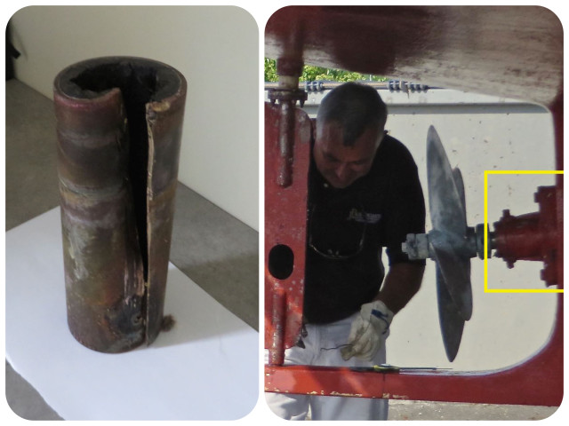 On the left is the cutlass bearing after removal. On the right is a picture of it on the boat at the time of the survey.