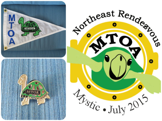 Turtles everywhere!  Our new MTOA burgee, one of the MTOA pins, and the logo for the Northeast Rendezvous in mystic this summer. Turtles everywhere!