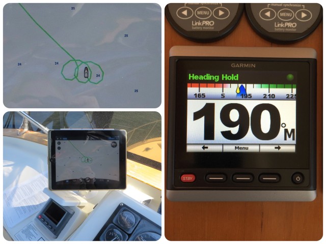 Calibrating the autopilot required that we steer the boat in a 360 degree circle, three times. 