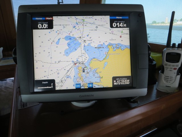 Garmin 5012 shows us on our mooring just off of Avery Point in Groton.