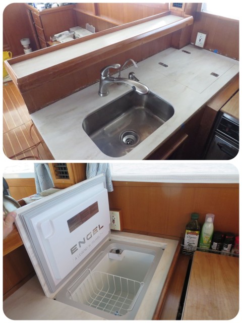 ABOVE - The new Corian galley counter with a new faucet, filtered water faucet, and soap dispenser. The existing sink was re-used but mounted underneath. BELOW - The new Engel freezer