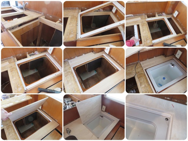 Collage of building the counter and fitting in the freezer unit with insulated lid. The freezer lid required very careful planning and fitting.