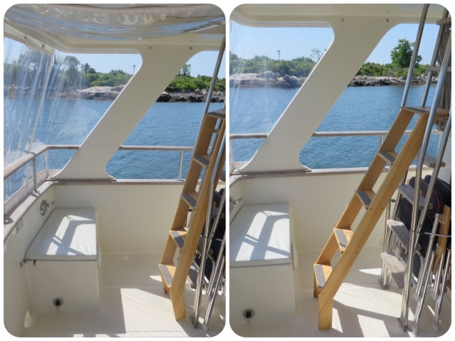 Left - The prototype ladder set in against the stainless ladder. Right - The prototype ladder stepped out for using.