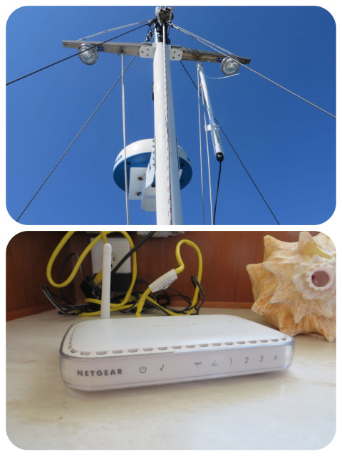 The weatherproof marine Bullet antenna hangs from our little mast not eh flybridge. The Netgear router is inside but needs a permanent home.