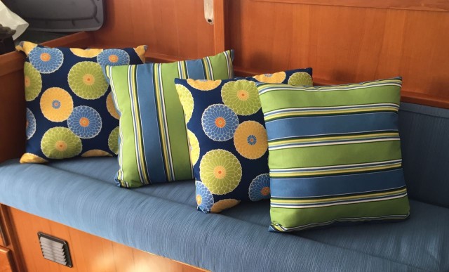 The pillows are bright and bold.