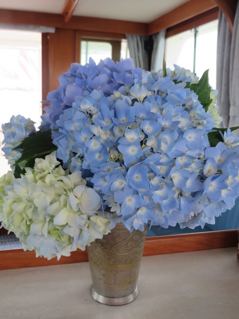 A bouquet of homegrown hydrangeas add color and cheer to the boat's salon.