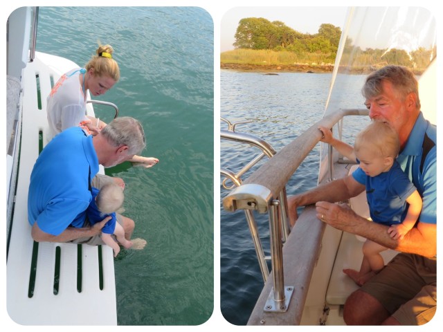 Checking out the swim platform and aft deck with Mommy and Papa.