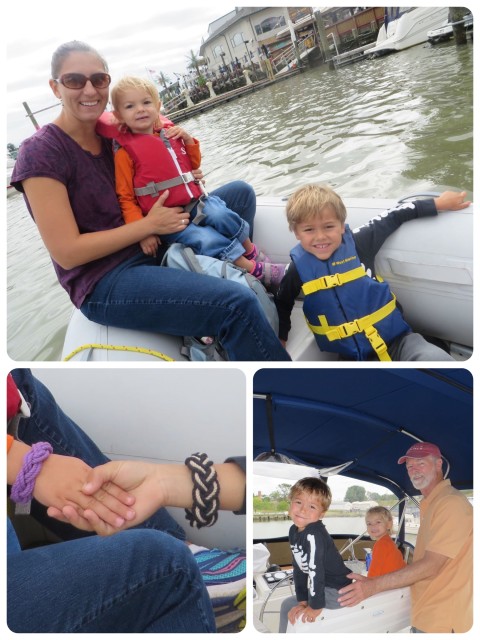 Riding out tot he boat in the dinghy. Sailor bracelets Aaron and Ella on the flybridge with Pap.