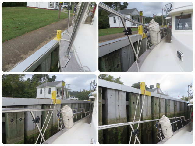 This time the boat starts outweigh and gradually drops lower as the water leaves the lock.