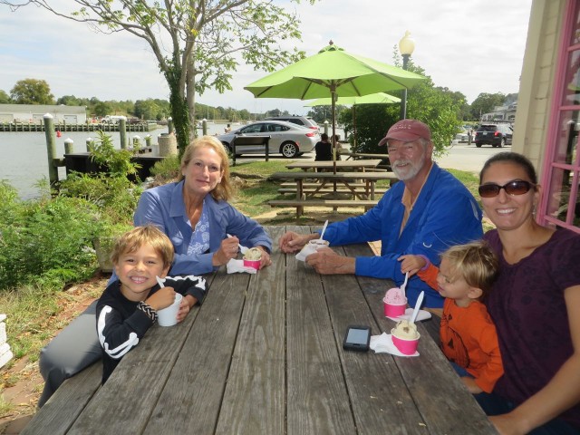 Enjoying ice cream by the canal.