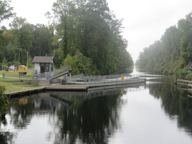 Day 2 on the Dismal Swamp Canal began with the opening of the little pedestrian bridge.