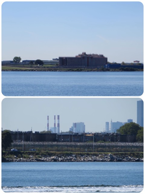 Rikers Island, a small city in itself. You could see the traffic and the white prison busses. The bottom picture shows the barbed wire circles surrounding the prison.