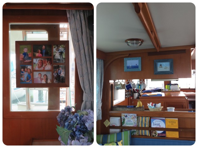 This window int he salon is behind the ladder to the flybridge so I thought it might function well as a place to hang the photos. We also added a new photo - both photos of our boats taken by MJ and Dean now hang side by side. The Morgan when we left in 2013 and the Mariner when we brought her home in 2014. 