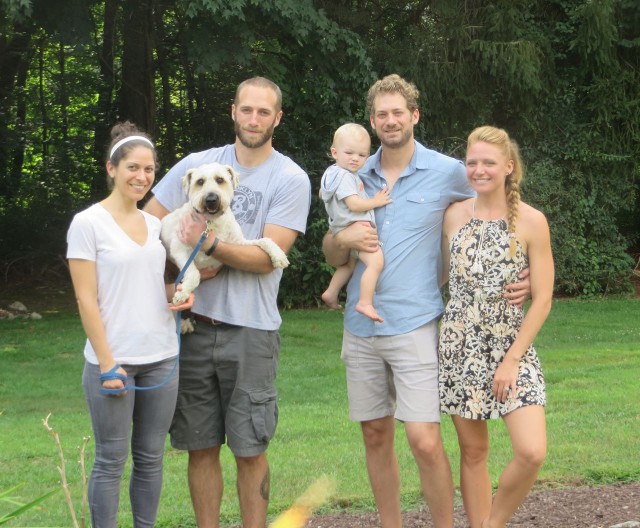My sons - Adam and Steph with Charlie, their Soft-Coated Wheaten Terrier, and Ryan and Kerri with 15 month old Caleb.