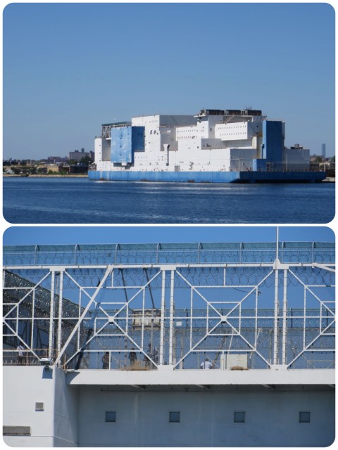 A giant ship made form white and blue Legos? Nope. It's a prison ship. That's a basketball game in the bottom picture. We could just about see it up on the top of the ship as we based by.