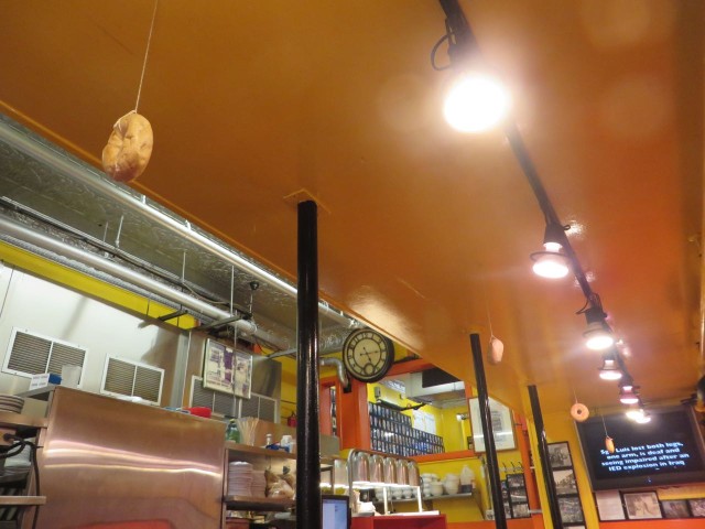 As we waited for our meals, I asked our waiter about the bagels hanging on strings from the ceiling. It's a fun story and I don't think I should spoil it for anyone else. Should I?