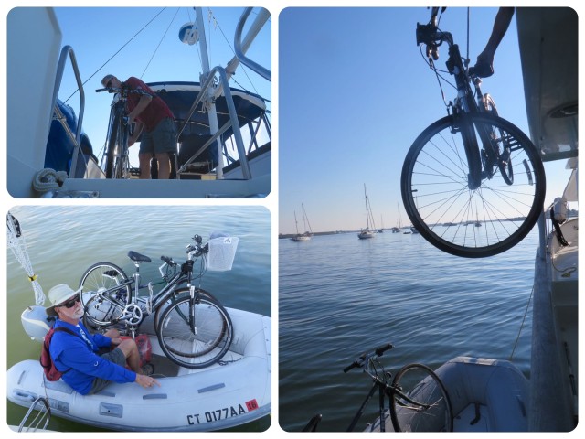 Step 1 - AL has to drop each bike over the side on a rope while I stand below to guide it not the dinghy. Step 2 - Going over the side. Step 3 - Both bikes and Al are in the dinghy. Captain Al points to my seat!