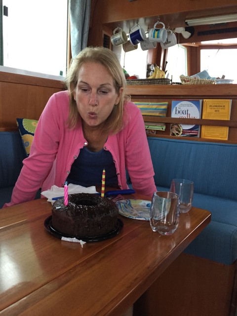 Dean and Mary Jo brought a chocolate cake and Prosecco out to the boat to celebrate my birthday and wish us bon voyage. 