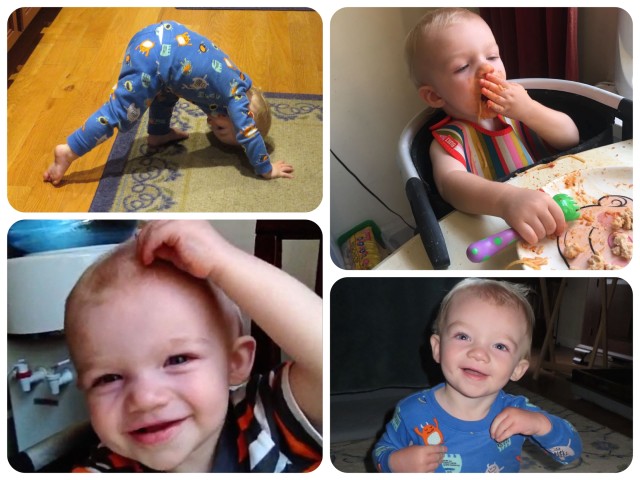 Caleb does his version of downward dog and is learning to feed himself. Toddlerhood is here!