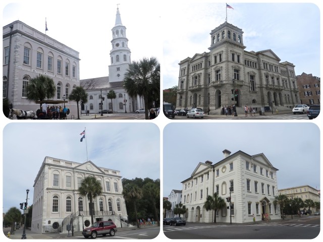 Southwest corner - United States Post Office and Federal Courthouse, built in 1896. Southeast corner - St. Michael’s Episcopal Church, constructed between 1752 and 1761 Northeast corner - Charleston City Hall, constructed between 1800 and 1804. Northwest corner - Charleston County Courthouse, originally constructed in 1753, rebuilt in 1792 for use as a courthouse.