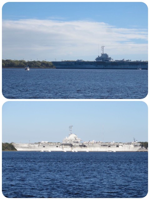 Across formt eh Maritme Center is a large old battleship. We assume it is not in use any ore because so many boats anchor near it or dial around it. The top photo is our Kindred Spirit - looks so tiny next to a battleship. Thanks Magnolia for the pic!