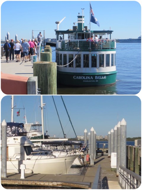 Carolina Belle, a tour boat, was right there across from us when at the dock. The dock above and in front of our bow (lower photo) is the same dock that Carolina Belle is on. At least the music they played was enjoyable and the people waiting in line were fun. A few came down the ramp on our side to talk with us.