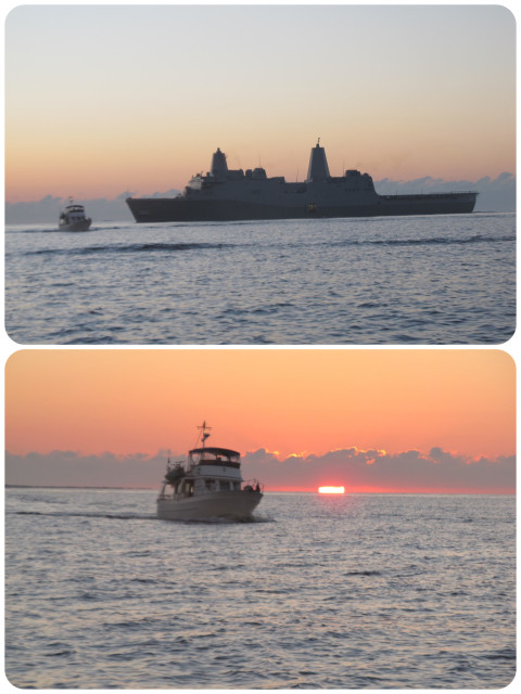 TOP - It may look as though Capt Al was playing chicken with a warship, but that was not the case! BOTTOM - Kindred Spirit with the sun rising behind.