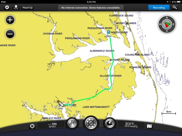 Our route from the Pasquotank River to Belhaven. 9.5 hours, 64 nautical miles