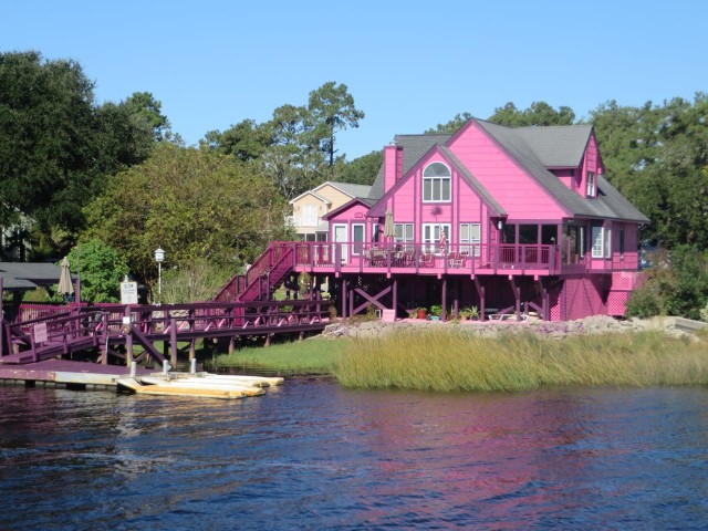 A very pink house and matching dock. Nothing much to say except, wow, that catches the eye.