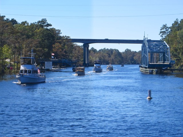 Socastee Swing Bridge opens with a line of trawlers coming through towards us.