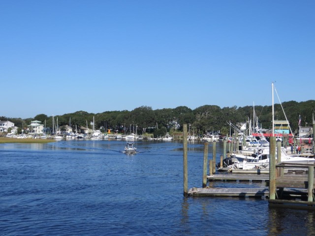 Entering Southport's harbor, wharf on the starboard side, marsh on the port side.