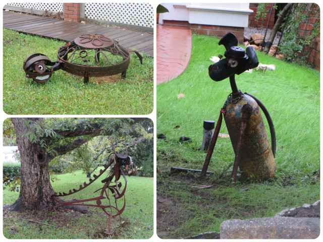 As we walked around town, we saw these metal sculptures on lawns - a turtle, a dog, and a grasshopper. 