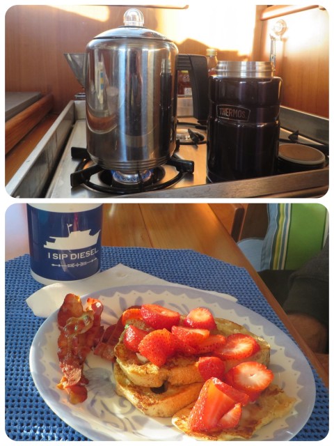 Coffee with sour dough French toast topped with strawberries. 