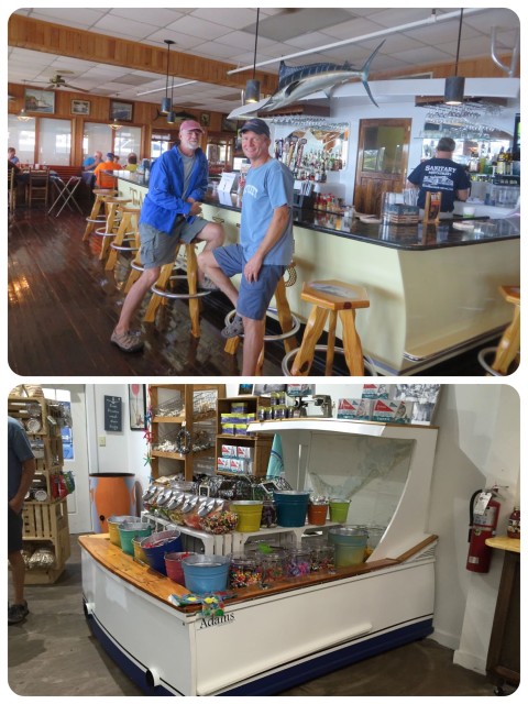 Boat transoms as interior furnishings. Will Al want to do this in our house???? Top photo - a bar in the Sanitary Fish Market restaurant Bottom photo - candy display in the ice cream shop