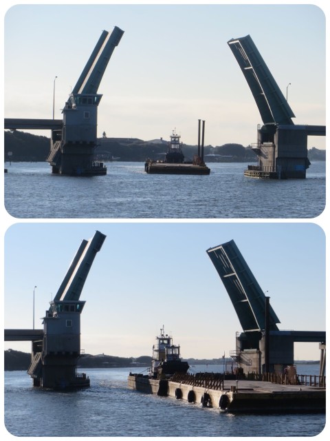 It doesn't matter what the height is for this bridge! When a barge is coming through, you wait. Barges have first dibs.