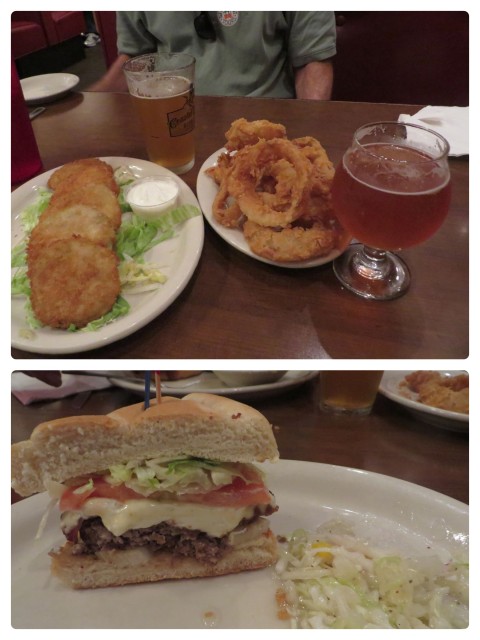 In addition to the excellent locally brewed beer, we tried fried green tomatoes and beer-batter onion rings. We shared the burger. ;-)