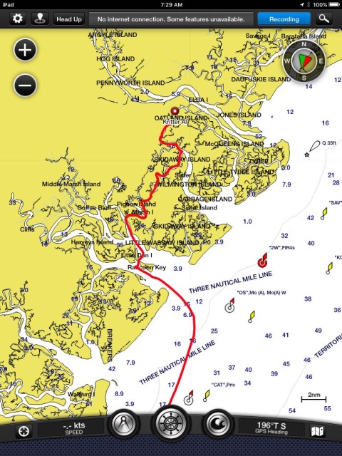 The route shows the winding ICW, almost shows the quick turn-around after Raccoon Key, and then out Ossabow Sound to the ocean.