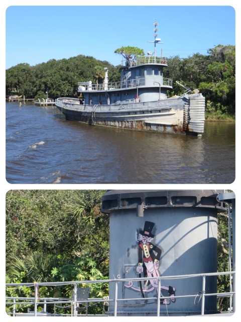 This tug is still docked here right on the ICW. WE looked closer this time and read the name, Tutahaco. She was a large harbor tug commissioned into the Navy in 1945, serving in Puerto Rico and the Caribbean for almost 30 years. Is it someone's home now? Love the Pink panther touch!