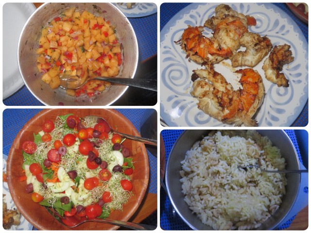 The dinner feast - melon salsa, salad, rice pilaf, and finished plate. It was SO delicious. 