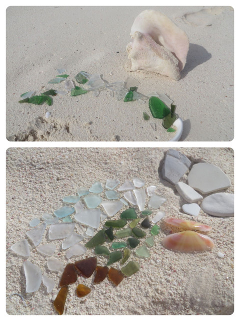 Top picture is the sea glass that is too raw. Al returns it to the ocean to be "cooked" longer. Bottom picture - The Keepers! Some nice sea glass and a lovely sunrise tellurian shell, along with some pottery pieces.