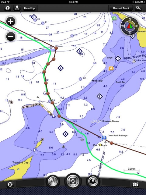 This is our planned route (in brown) and our actual route (in green). We chose to put Don't Rock on our port side because of the direction the winds, knowing that either side of the rock was considered passable.