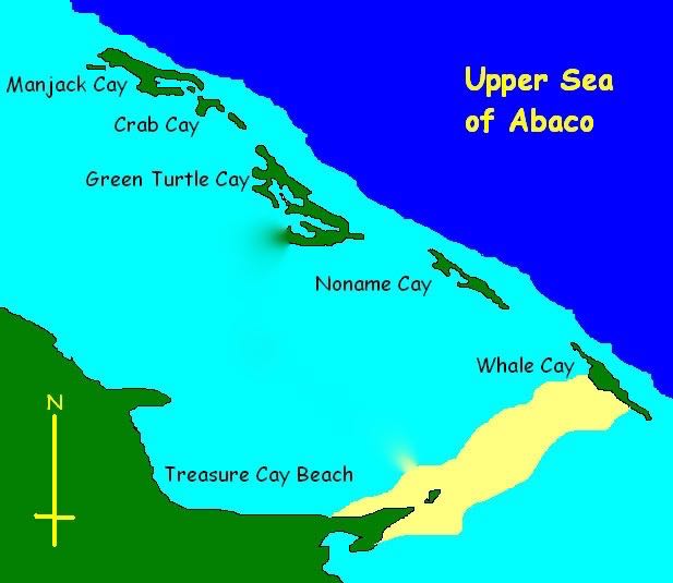 The Sea of Abaco is flanked by Great Abaco Island and the out islands (Green Turtle Cay, etc). This diagram also shows the shoal area from Whale Cay to Treasure Cay Beach.