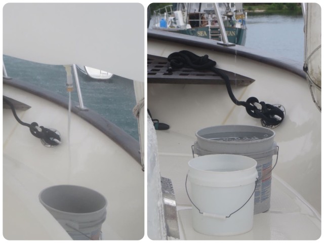 Left Picture - See the water streaming into the bucket under the sunshade? Right Picture - Two buckets of water on each side, port and starboard = 4 buckets of water = 14 gallons in 20 minutes. Free.