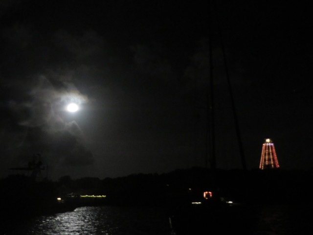 The full moon and the Elbow Cay Lighthouse together.