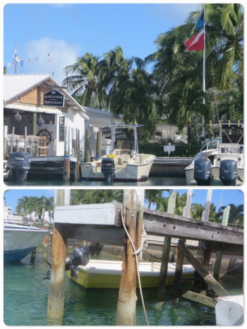 We ate lunch at Dock & Dine where Al had one of those very big juicy burgers again. The rest of us had grilled mani mani burgers. Notice the piling at the dinghy dock - getting skinny in the middle, isn't it?